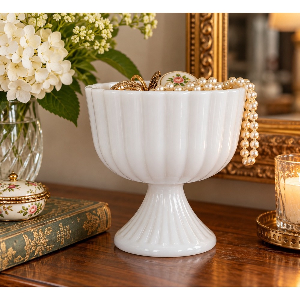 Vintage MCM Milk Glass Fluted Pedestal Bowl Home Decor 6.5in White Compote Dish